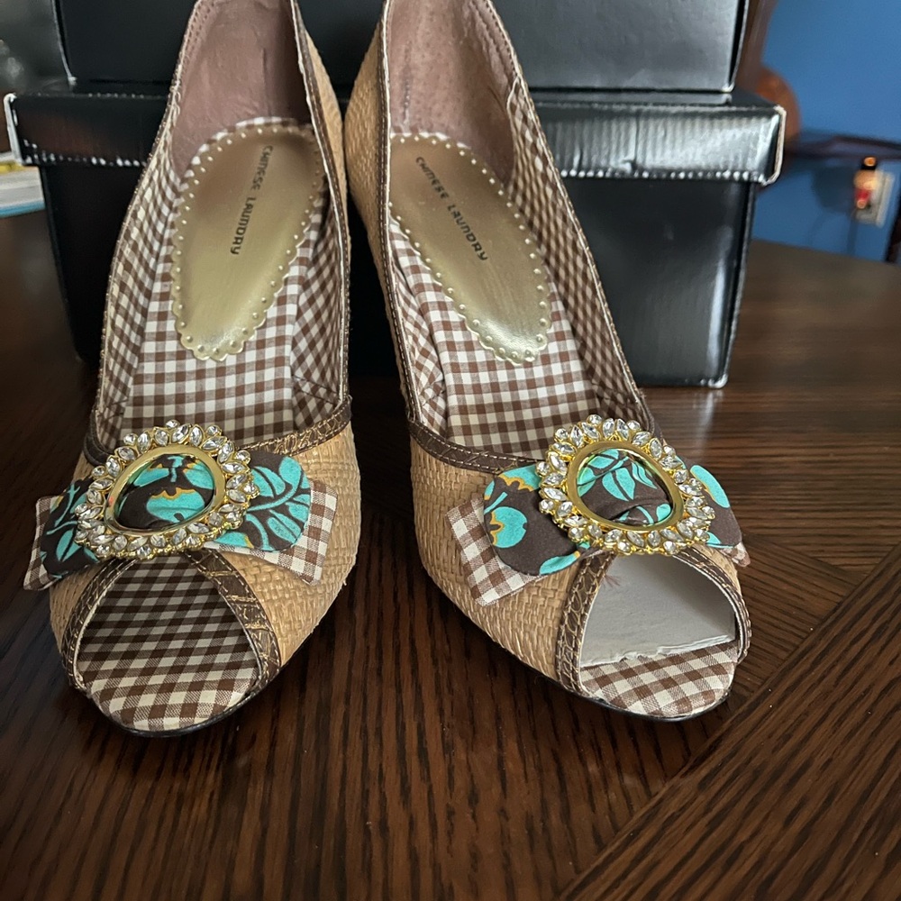 Brown and Blue Peep-Toe Heels